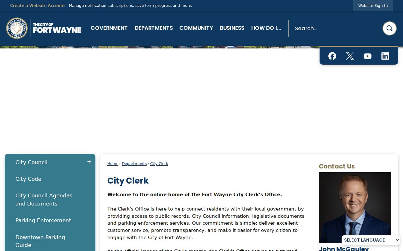 Official Fort Wayne City Clerk records information page