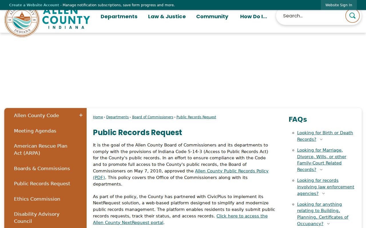 Allen County public records request page