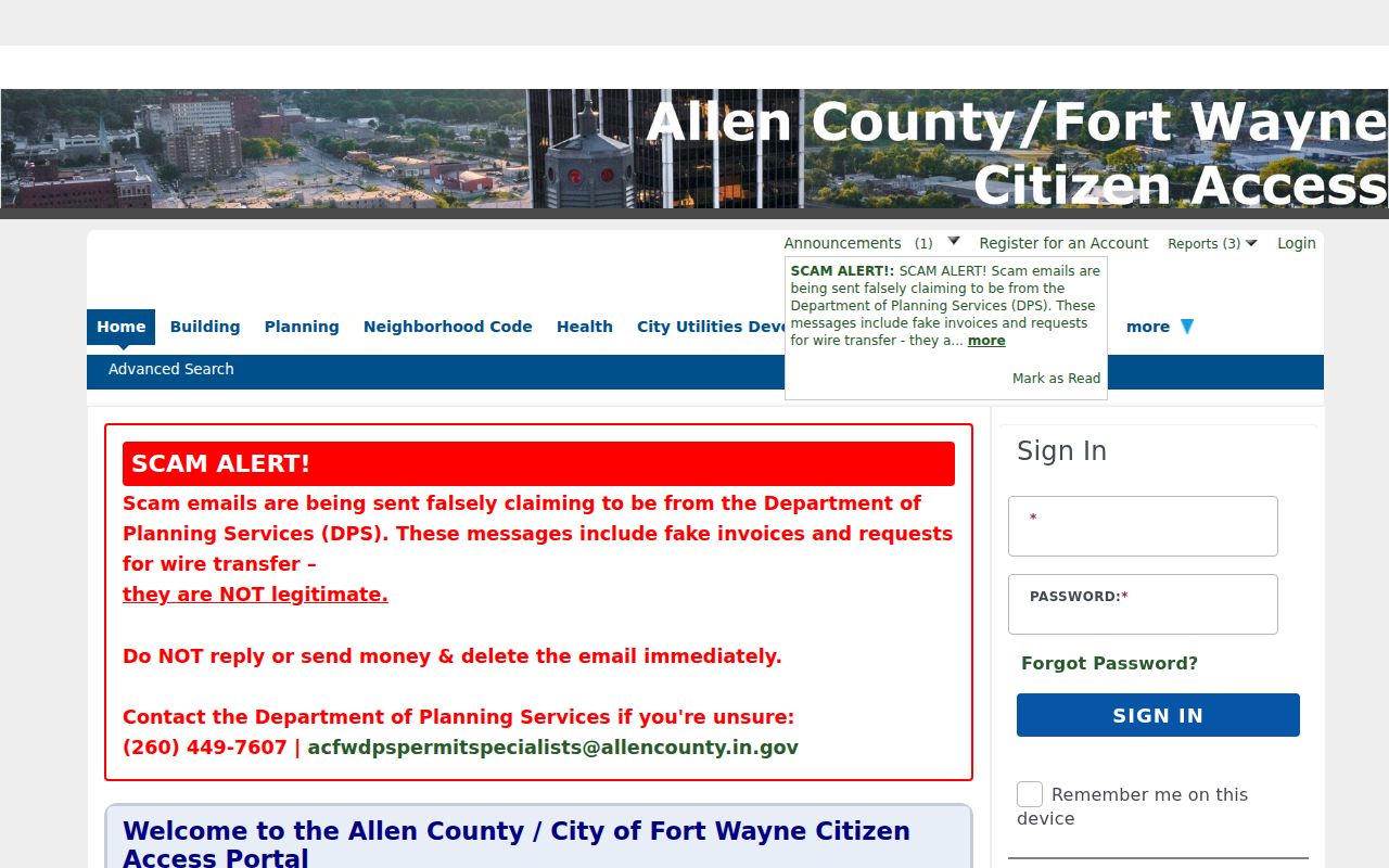 Fort Wayne Citizen Access permit and code search