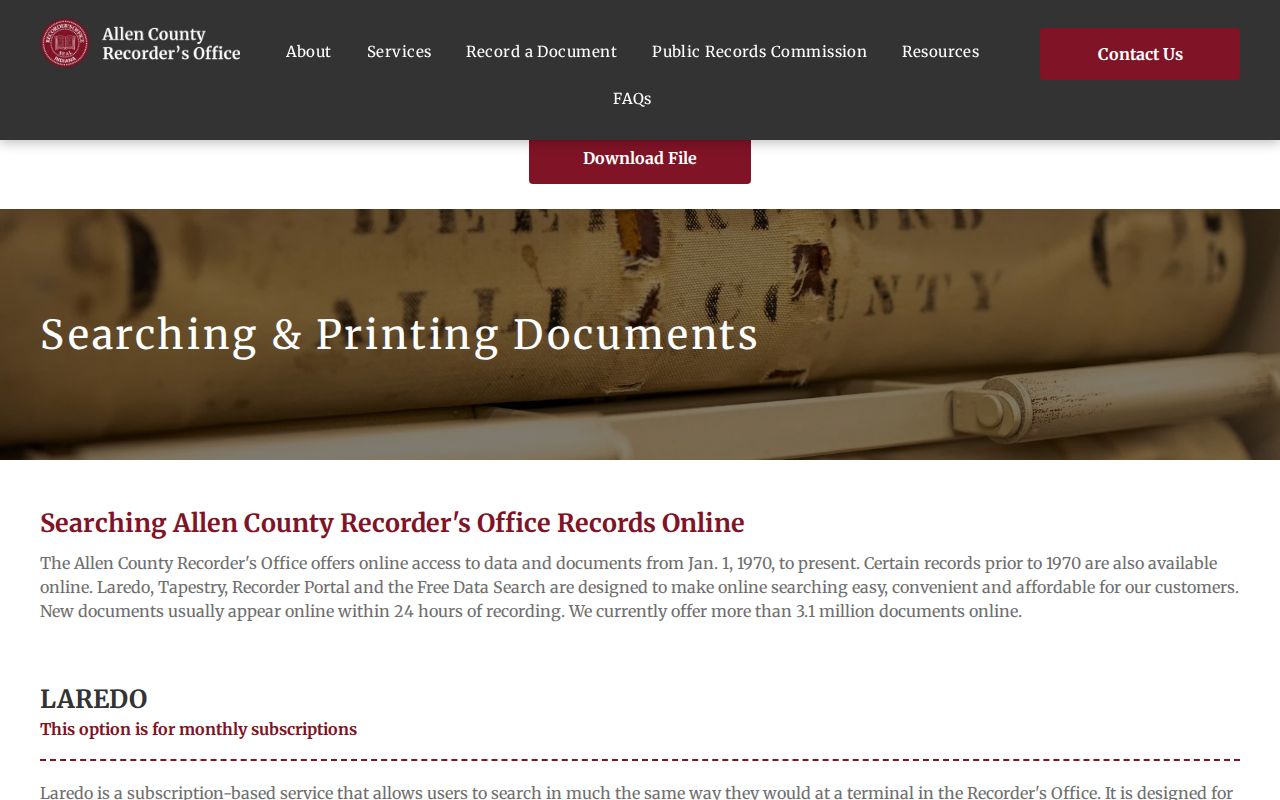 Allen County Recorder search choices for Fort Wayne deeds