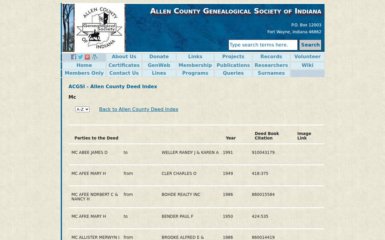 Allen County genealogy deed index used to trace Fort Wayne previous residents