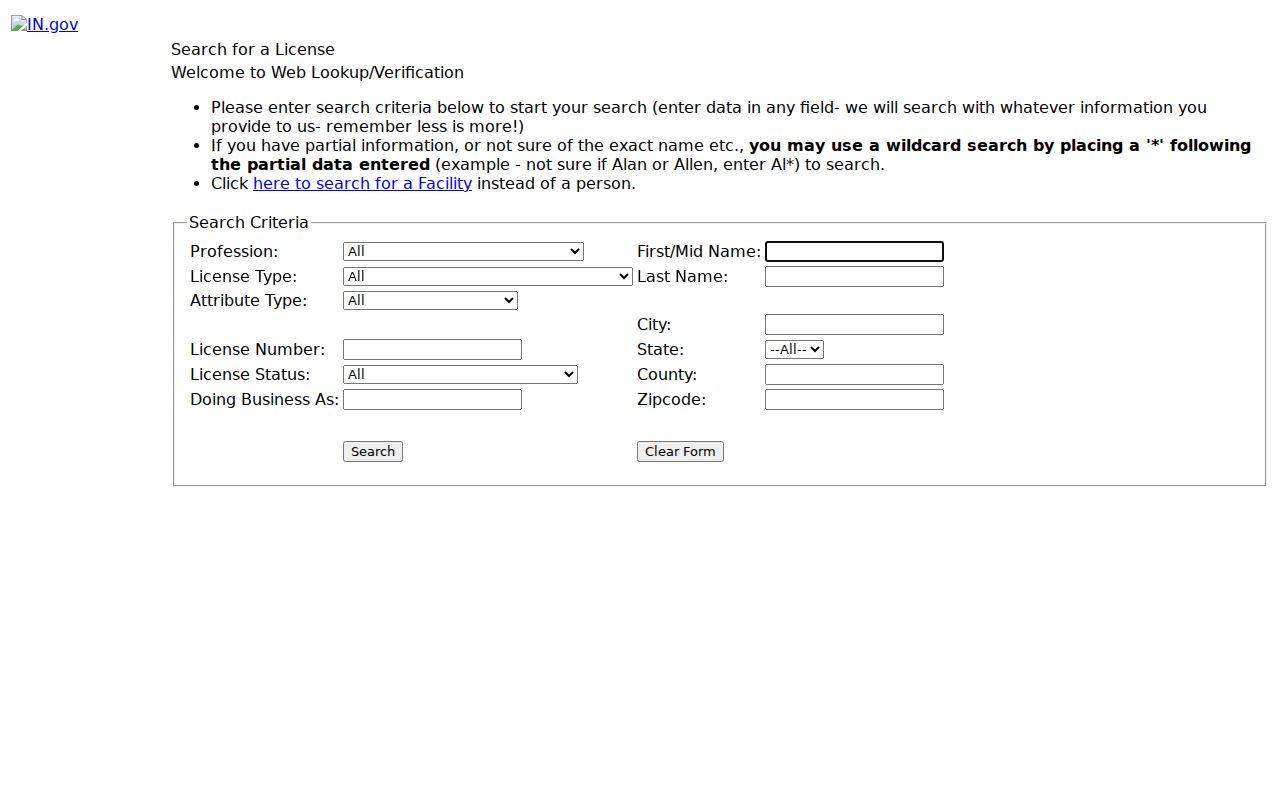 Professional license filters for a Fort Wayne resident lookup