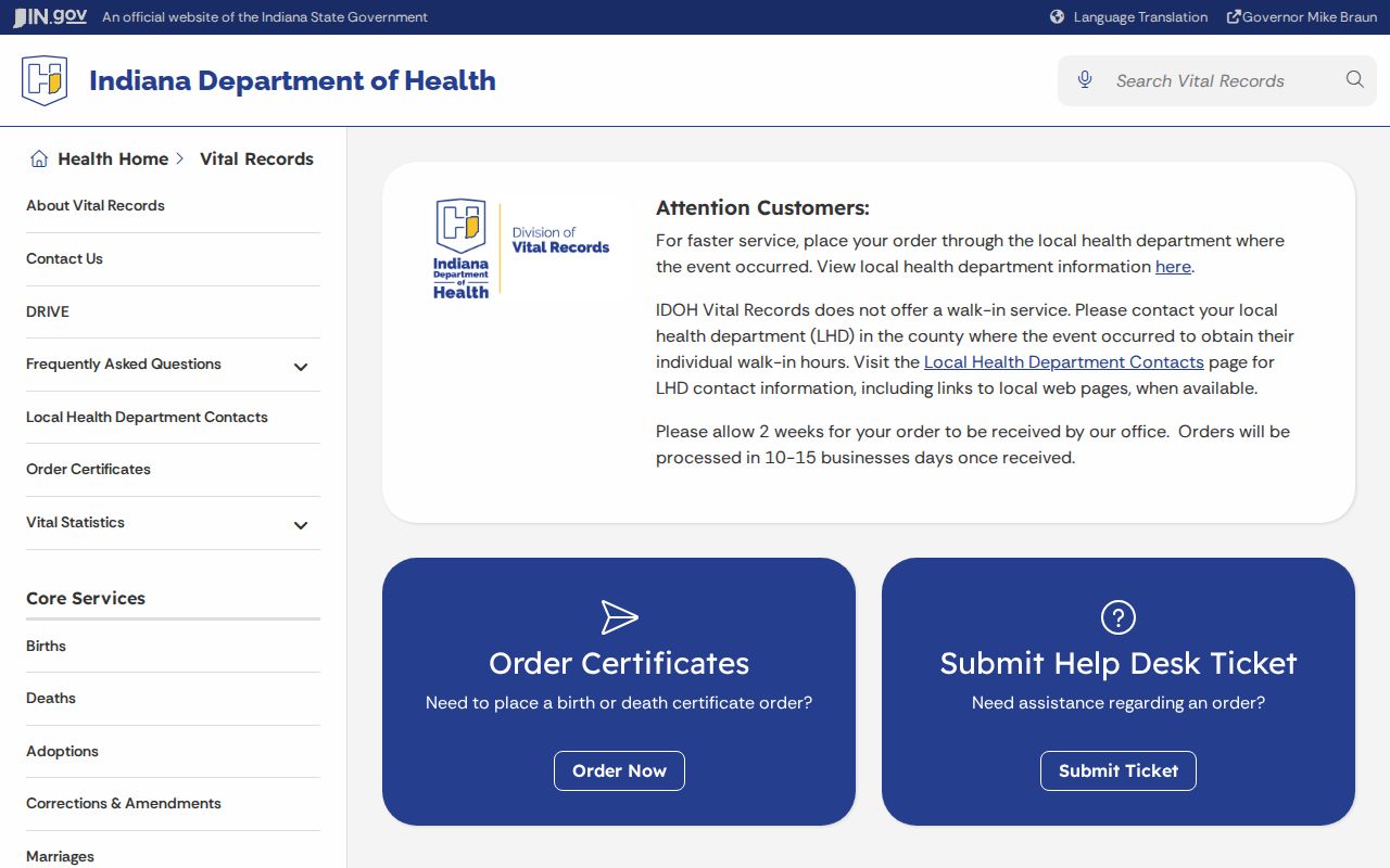 Indiana vital records page used for Fort Wayne resident research